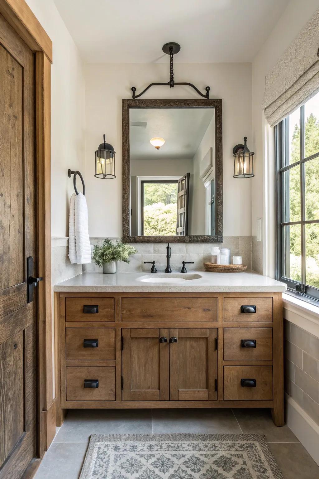 Wrought iron fixtures add a touch of rustic elegance. 🛁 #InteriorInspiration #RanchBathrooms