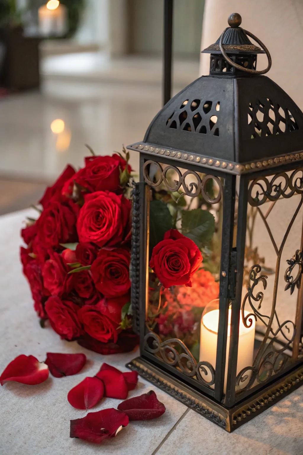 Add a touch of mystique with red roses encased in a beautiful lantern.