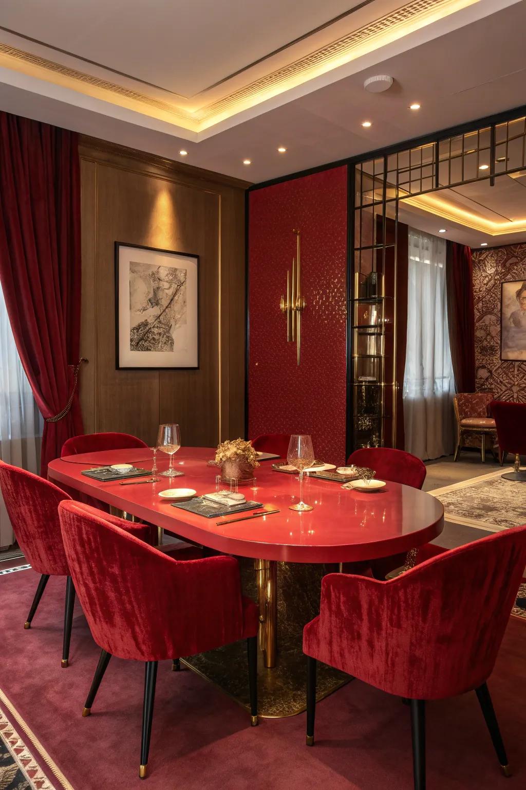 Red and gold create a luxurious and warm dining atmosphere.