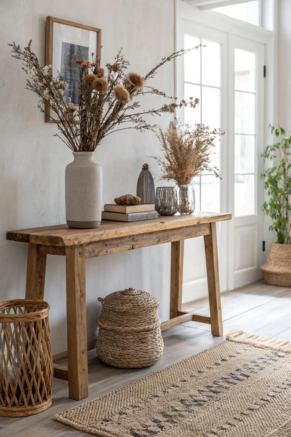 Neutral tones create a serene and inviting atmosphere in your rustic entryway.