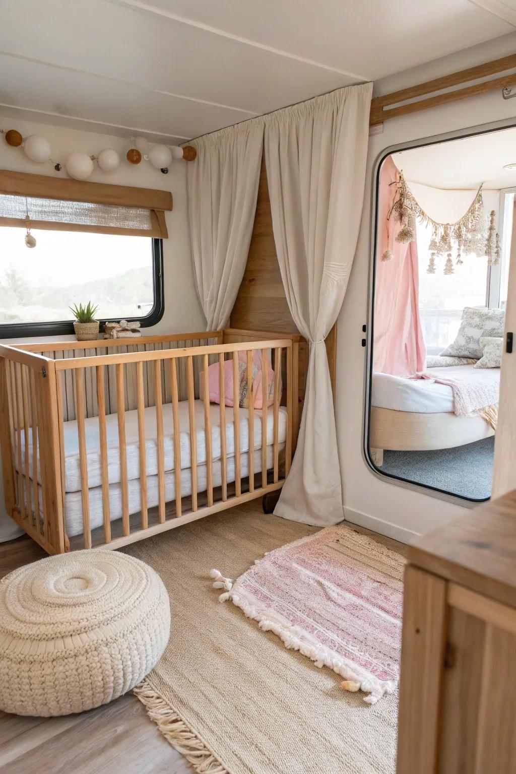 Utilize slide-out spaces for a charming and functional nursery corner.