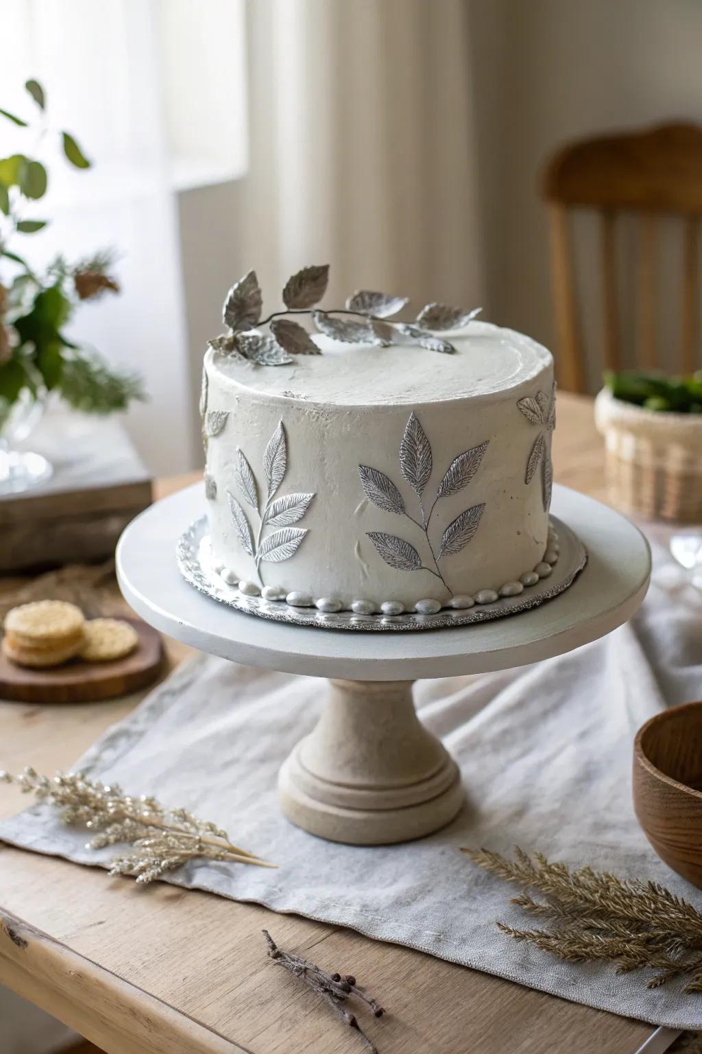 Silver leaf accents add an opulent touch to any cake, making it ideal for special occasions.