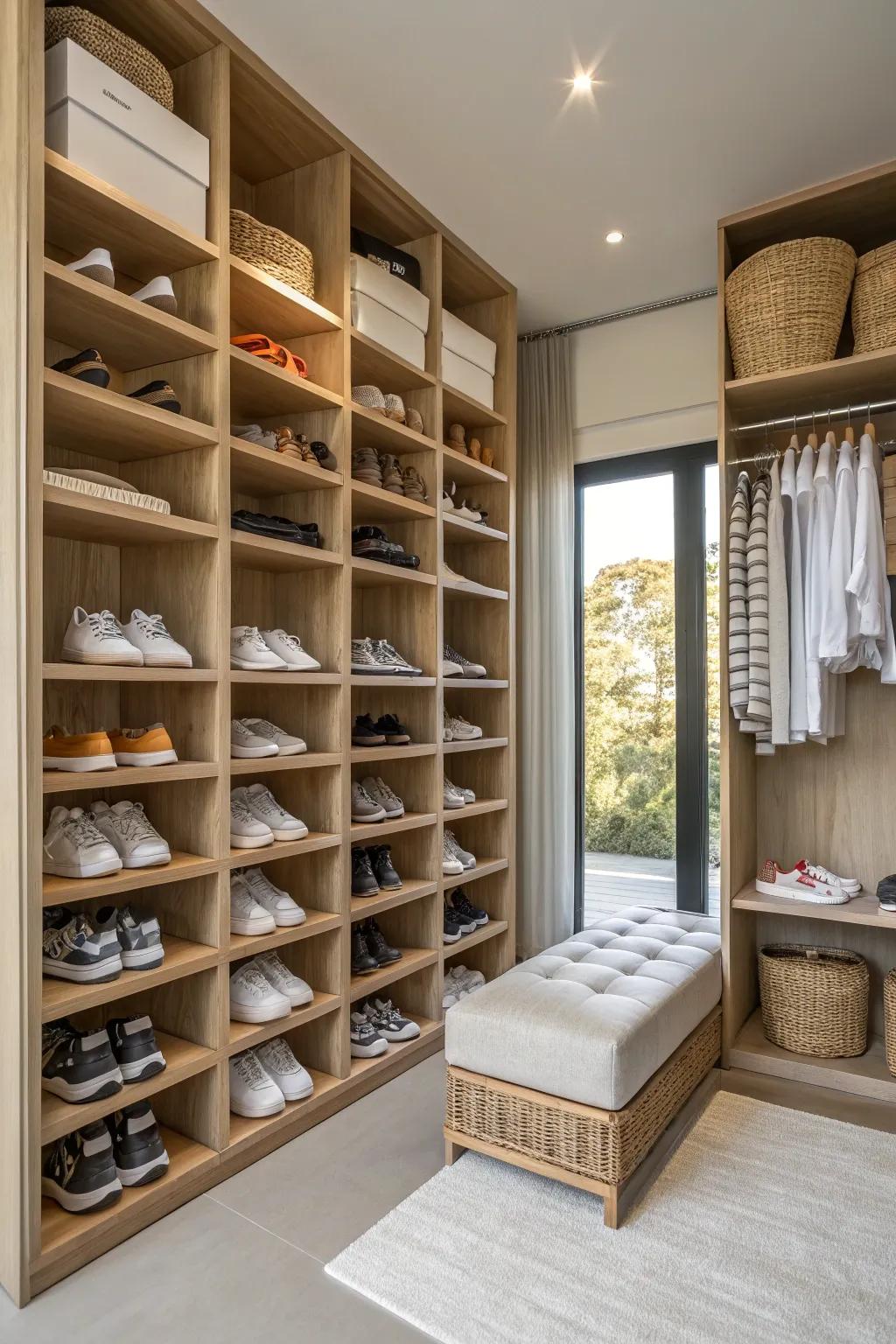 Reach new heights in organization with tall shelving units that maximize vertical space.