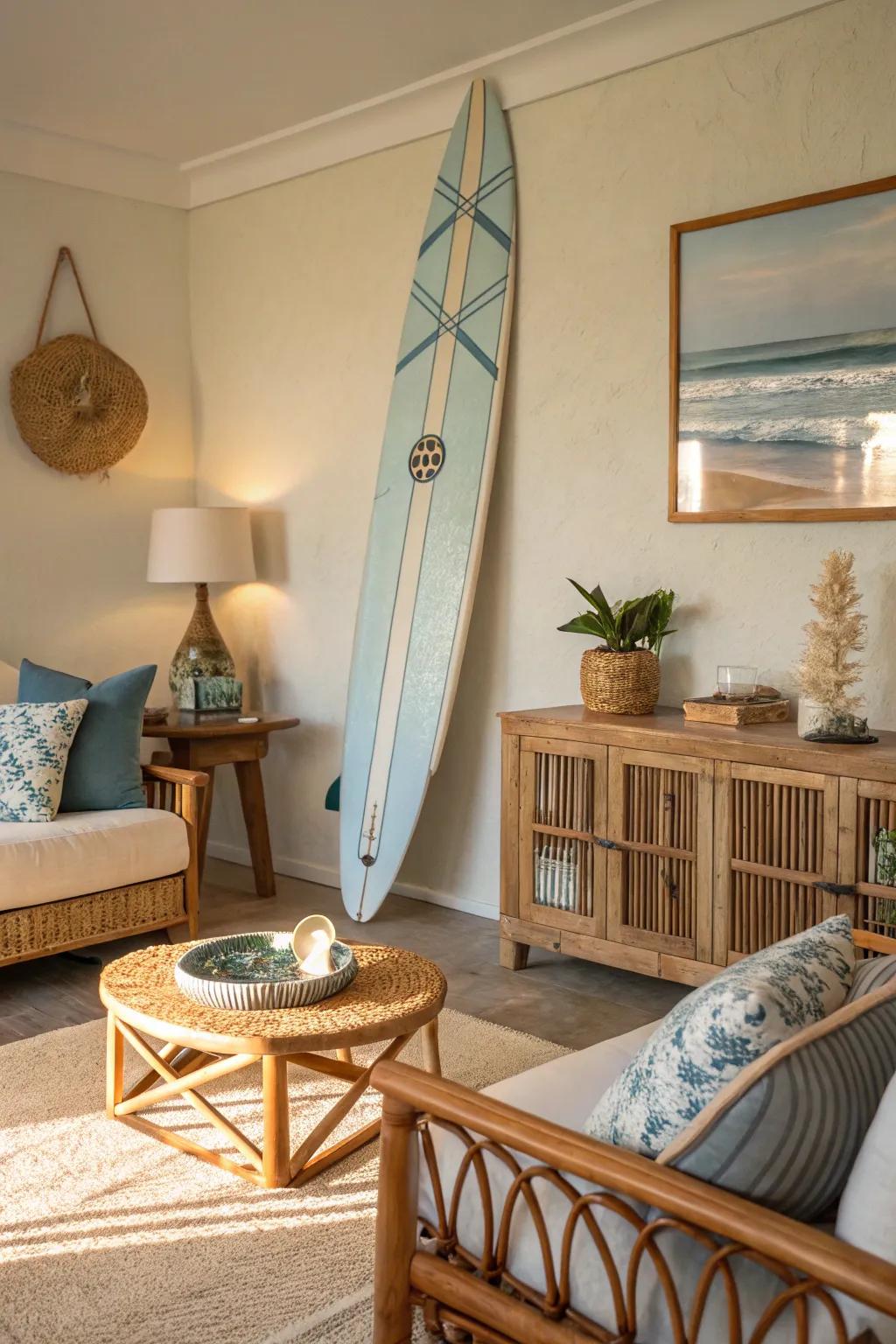Bring the beach home with surfboards as decor elements that evoke a serene, coastal atmosphere.