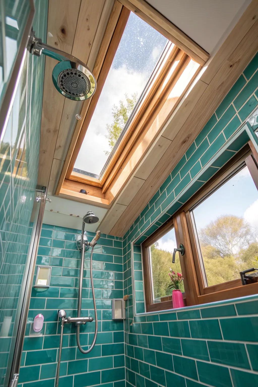 Let the sun shine in through skylights, creating an airy and open feel in your tiny bathroom.