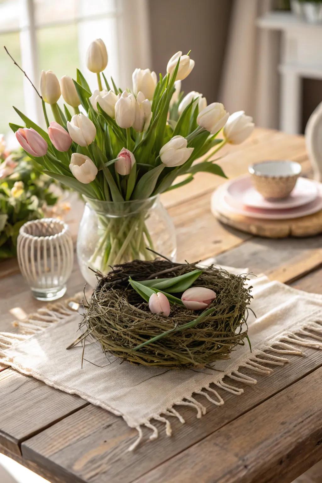 Achieve a relaxed look with casual, nest-style tulip arrangements.