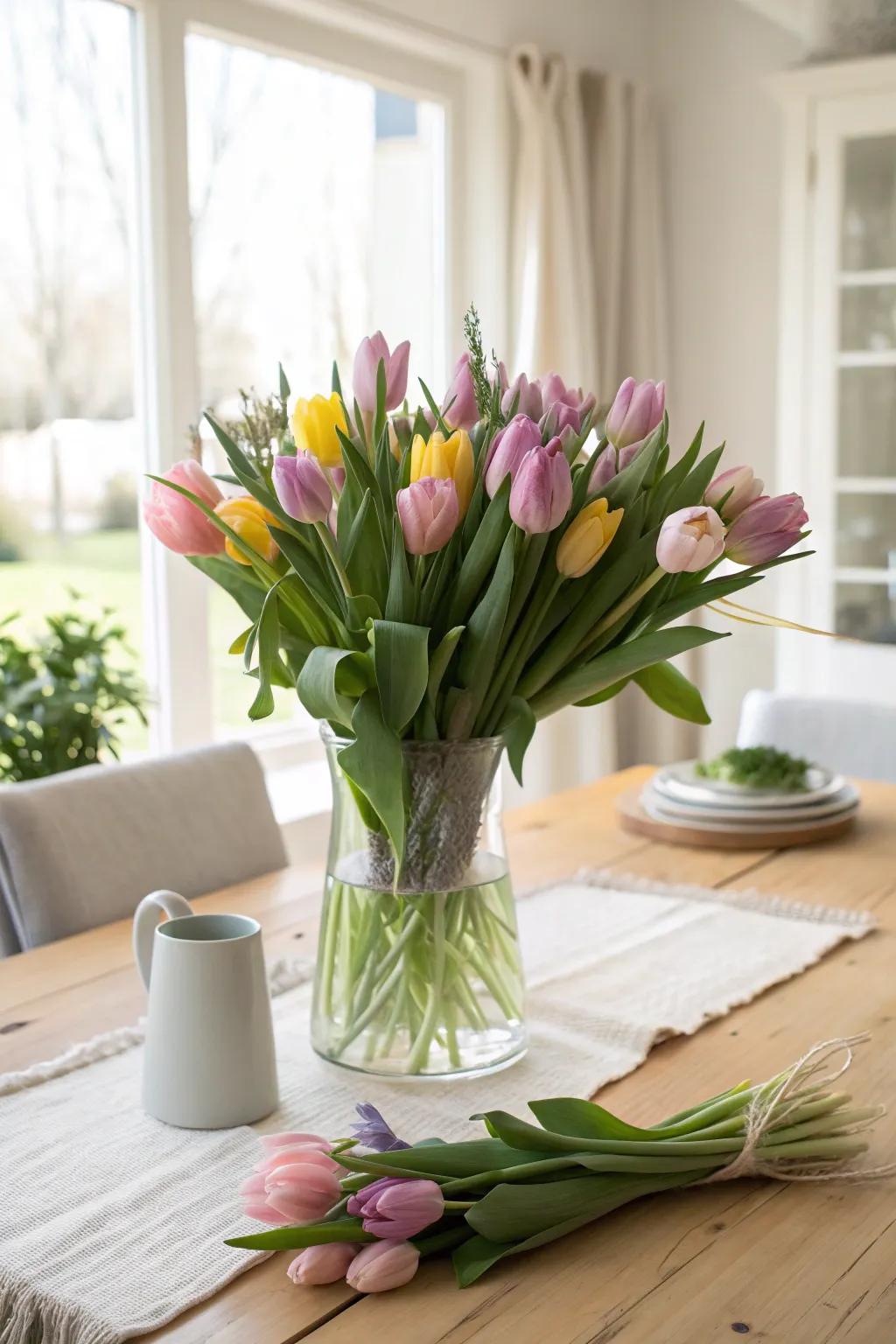 Add a splash of color with a mixed tulip arrangement that brightens any room.