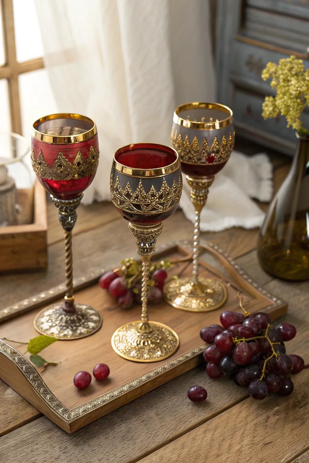 Elevate your wine experience with these stunning decorative stem glasses. Perfect for sophisticated gatherings.