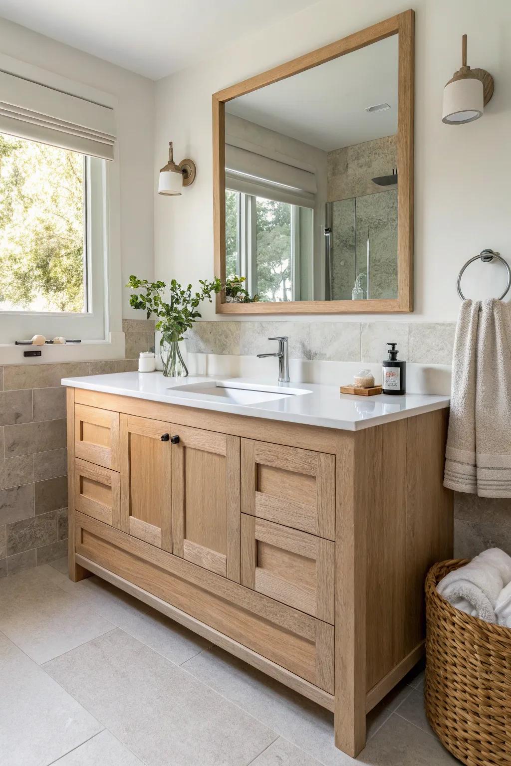 Add height and drama with a vertical side splash that protects and beautifies. #BathroomGoals #VerticalDesign