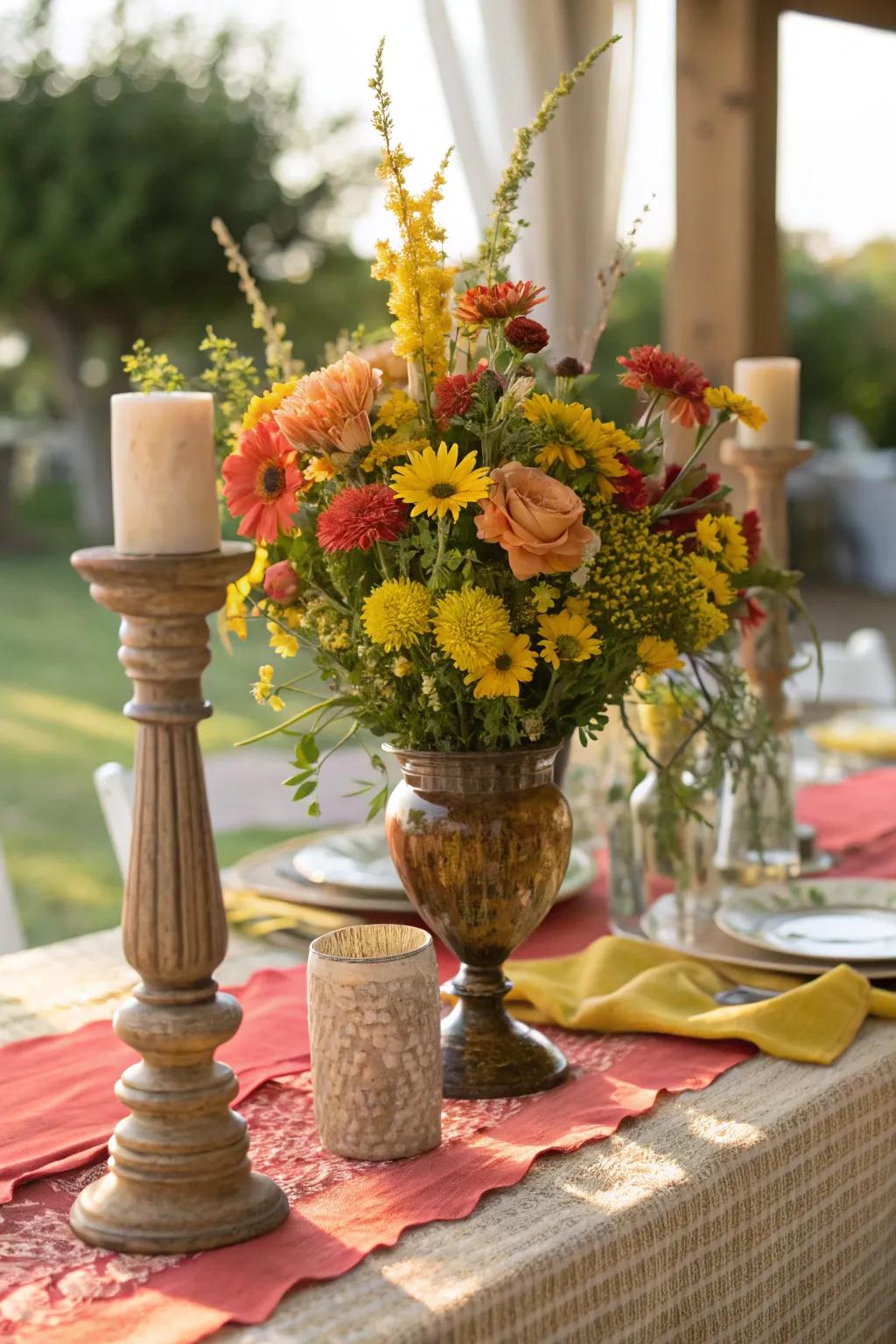 Enhance your table's charm with vibrant wildflowers in a vintage vase.