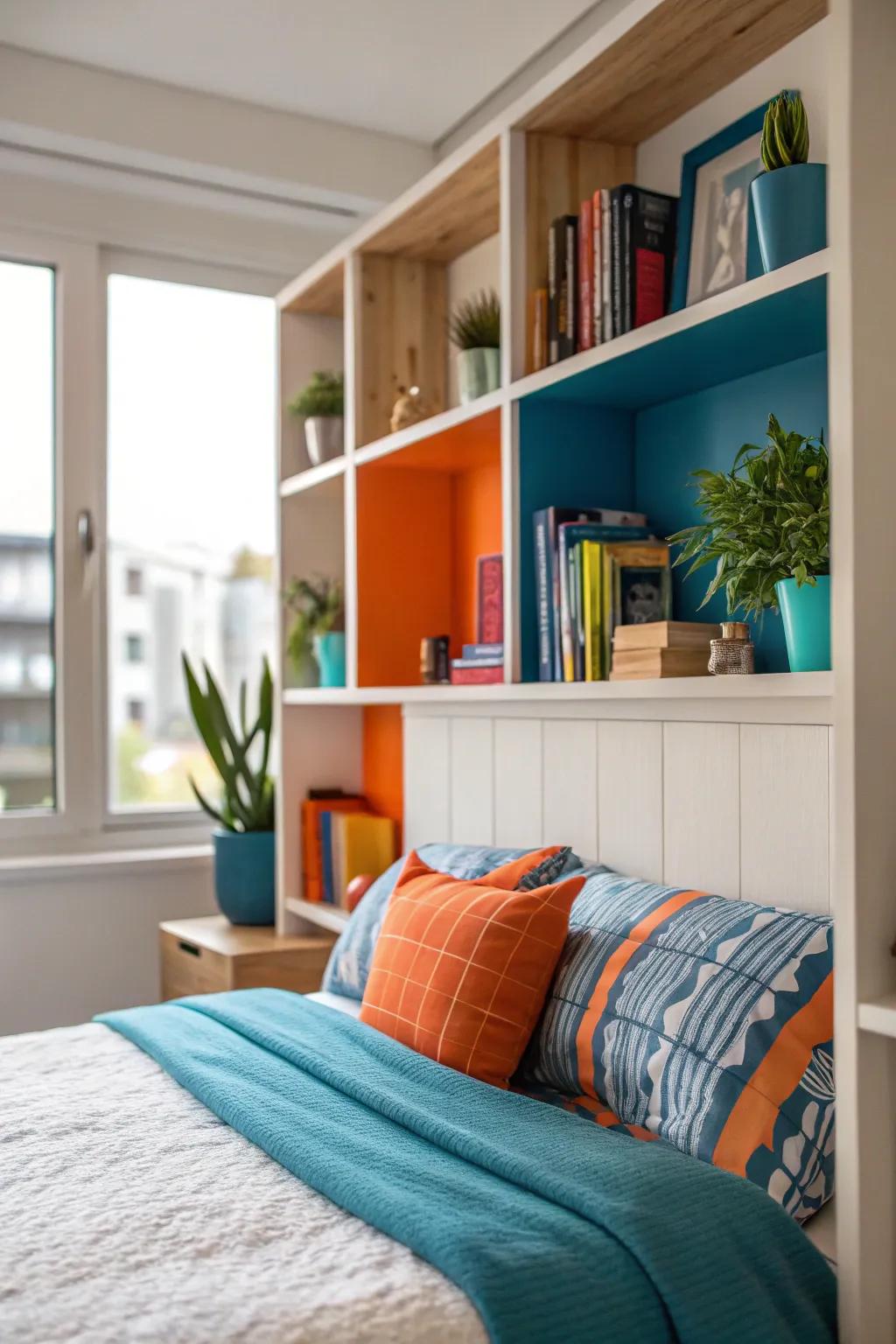 Combine style and storage with a headboard that features integrated shelving for a personalized touch.