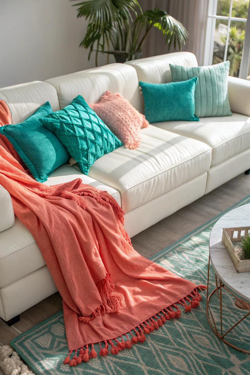 Layered textiles invite you to sink into the cozy embrace of a white leather sofa.