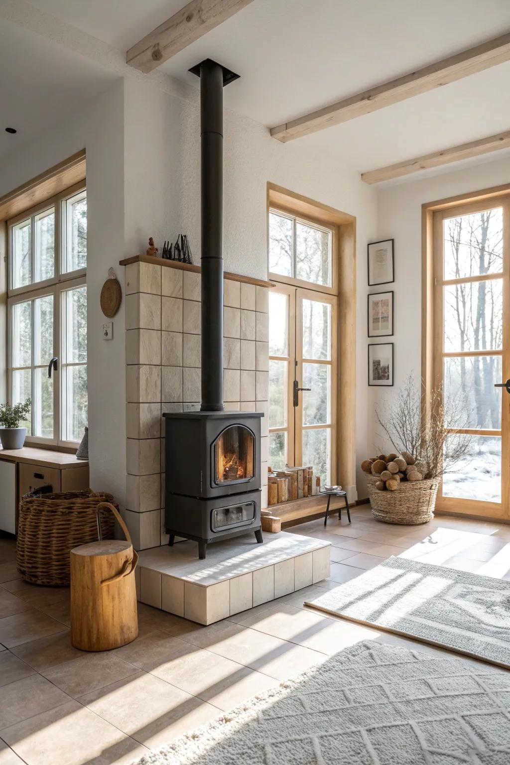 Achieve minimalist elegance with large stone slabs around your wood burning stove, ideal for modern homes.