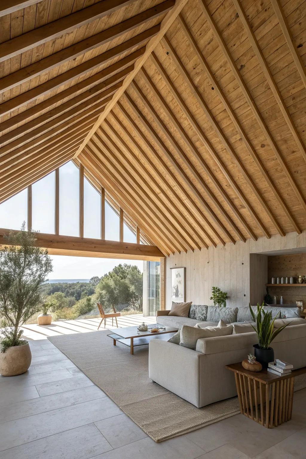 Create visual intrigue with a uniquely patterned wood slat ceiling that draws the eye.