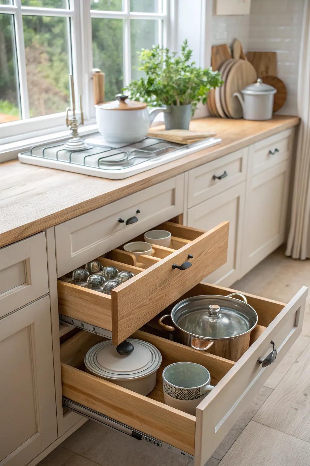 Achieve drawer bliss with inserts and trays that keep your kitchen essentials in check.