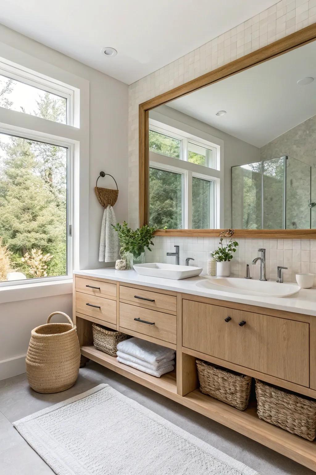 Double the visual space in your bathroom with a large mirror that reflects style and light.