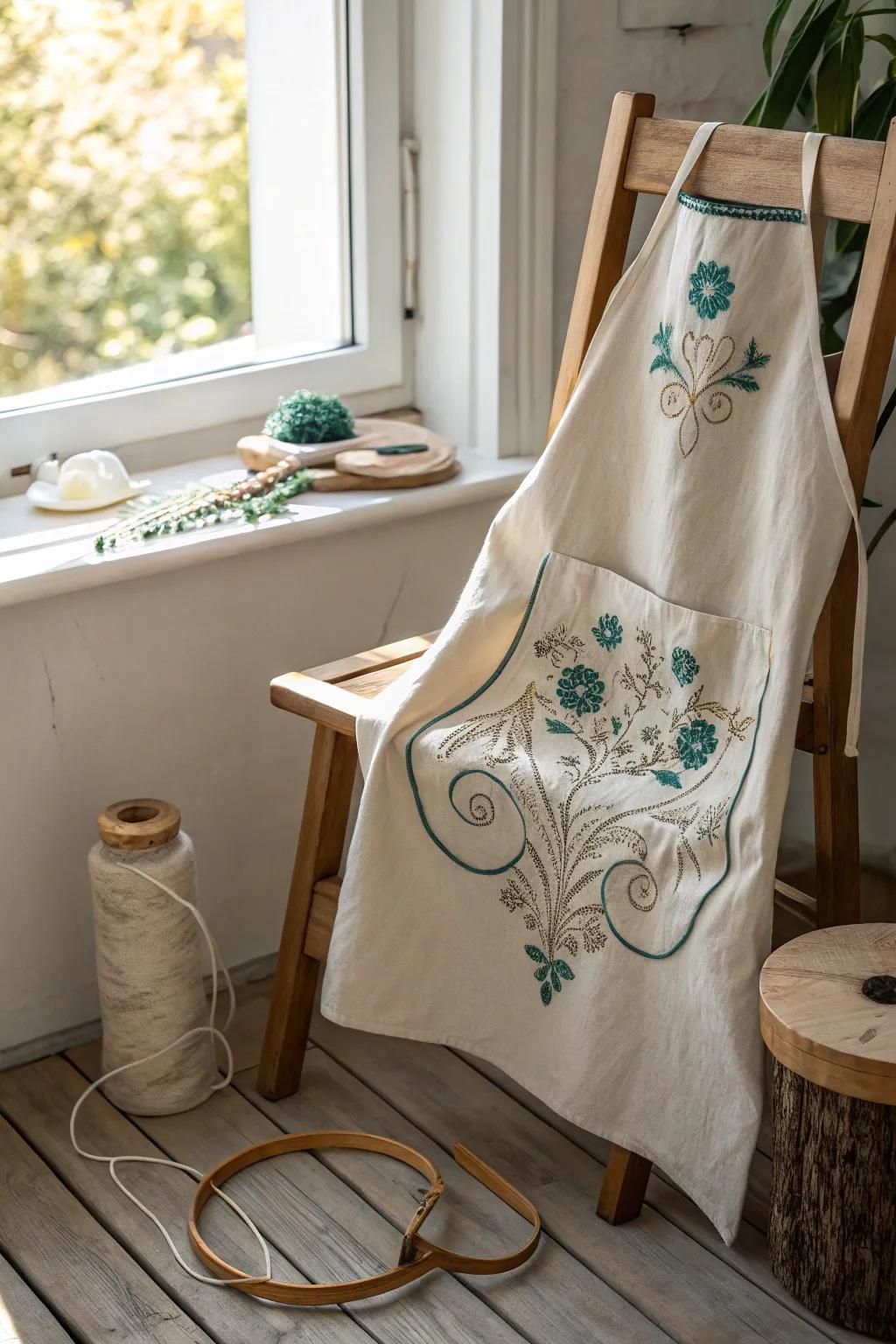 Elegant embroidery transforms a simple apron into a piece of art. #EmbroideryLove #KitchenInspiration