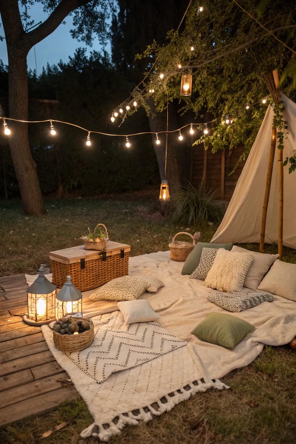 Enjoy a romantic evening under the stars with a cozy backyard picnic.