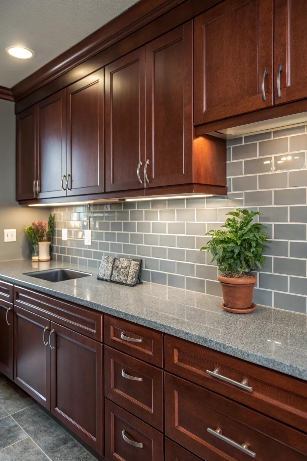 Gray tiles bring a subtle elegance that beautifully complements cherry wood.