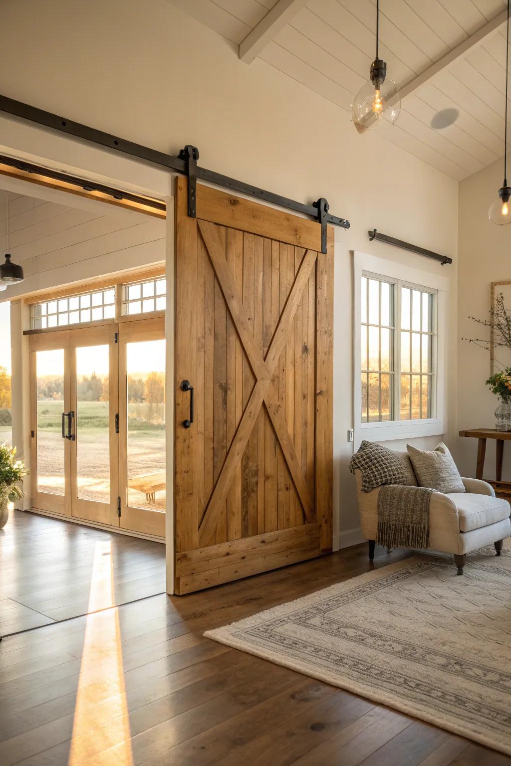 Discover the beauty of industrial charm with sliding barn doors and metal fixtures that enhance the rustic feel of your barndominium.
