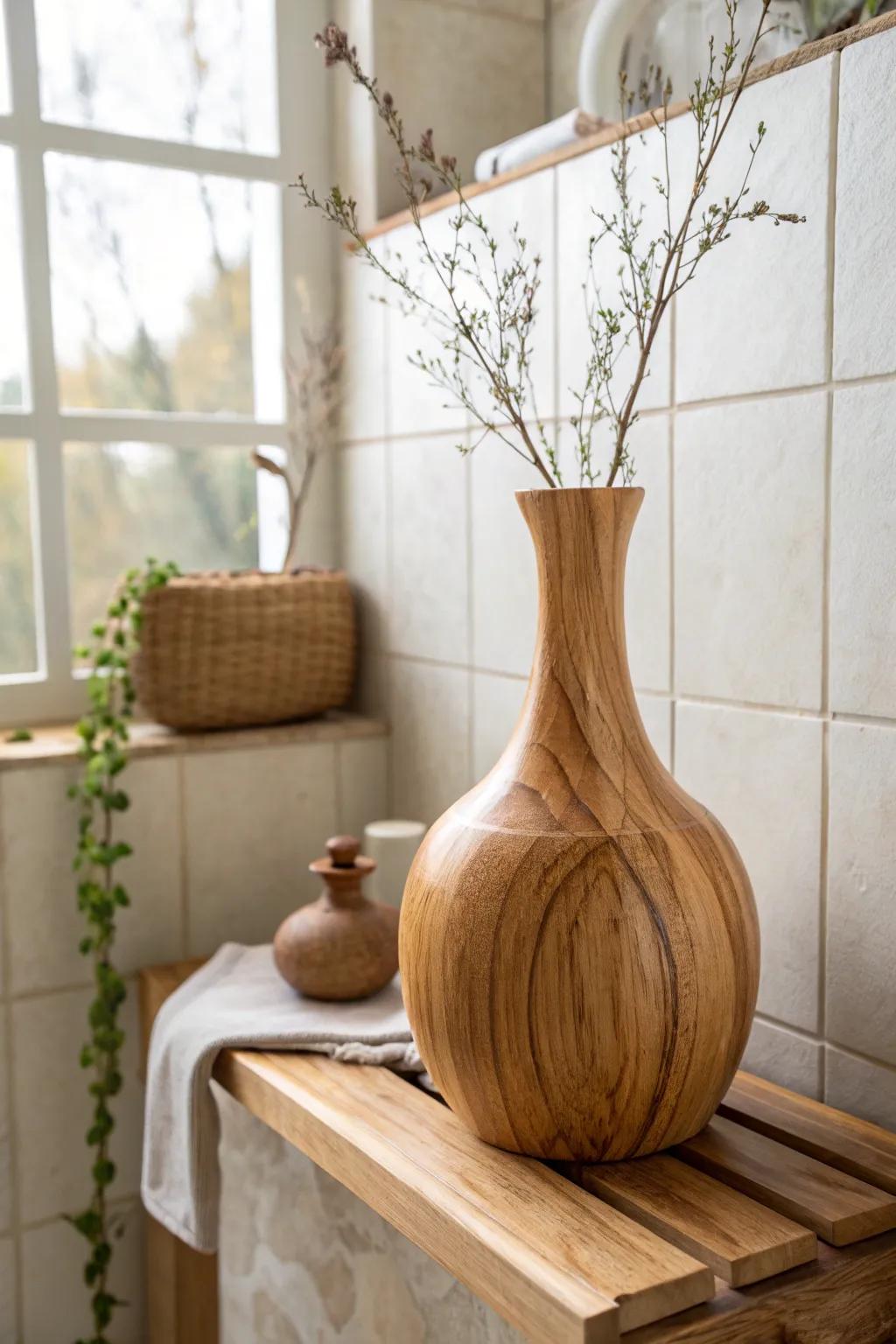 Wooden vases add warmth and texture to any bathroom. 🌿 #NaturalDecor #EcoFriendly