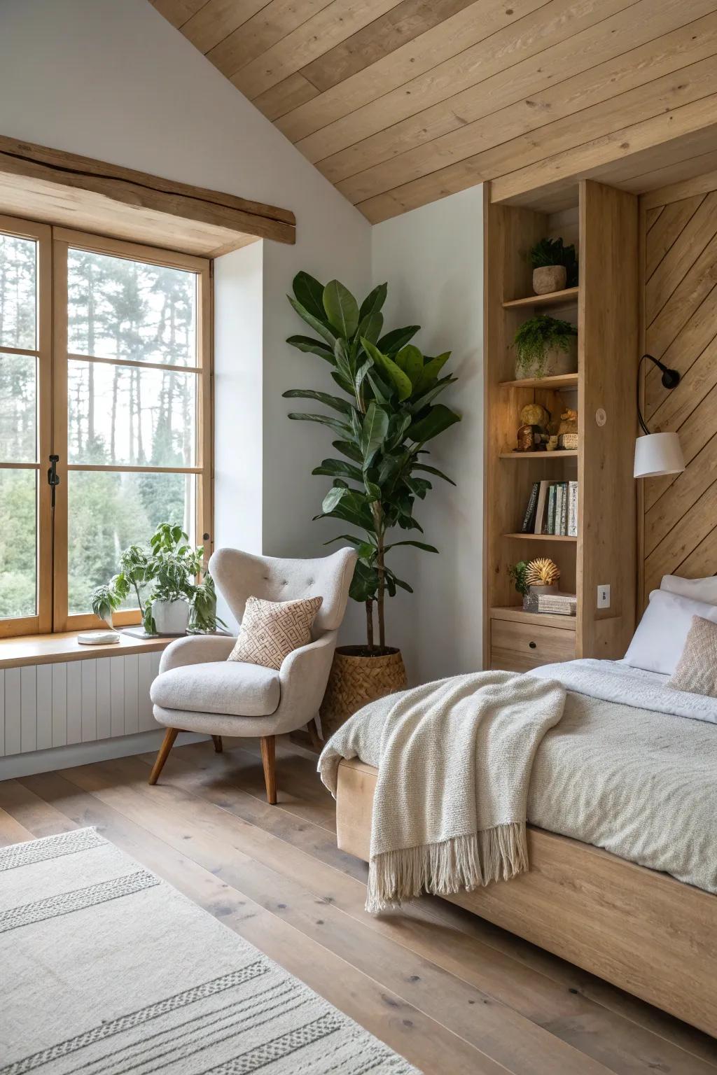 Embrace nature indoors with greenery and natural materials for a peaceful retreat.