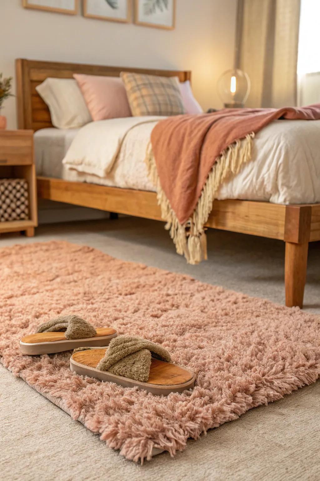 Step into comfort with a shag rug that adds warmth and luxury to your bedroom. ☁️ #ShagRug #CozyBedroom #HomeComfort