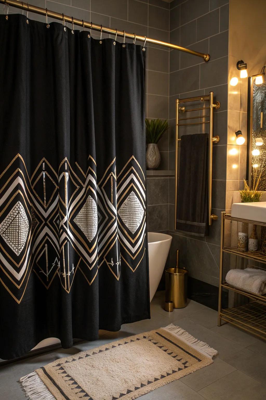 Infuse your space with modern flair using geometric patterns on a black shower curtain.