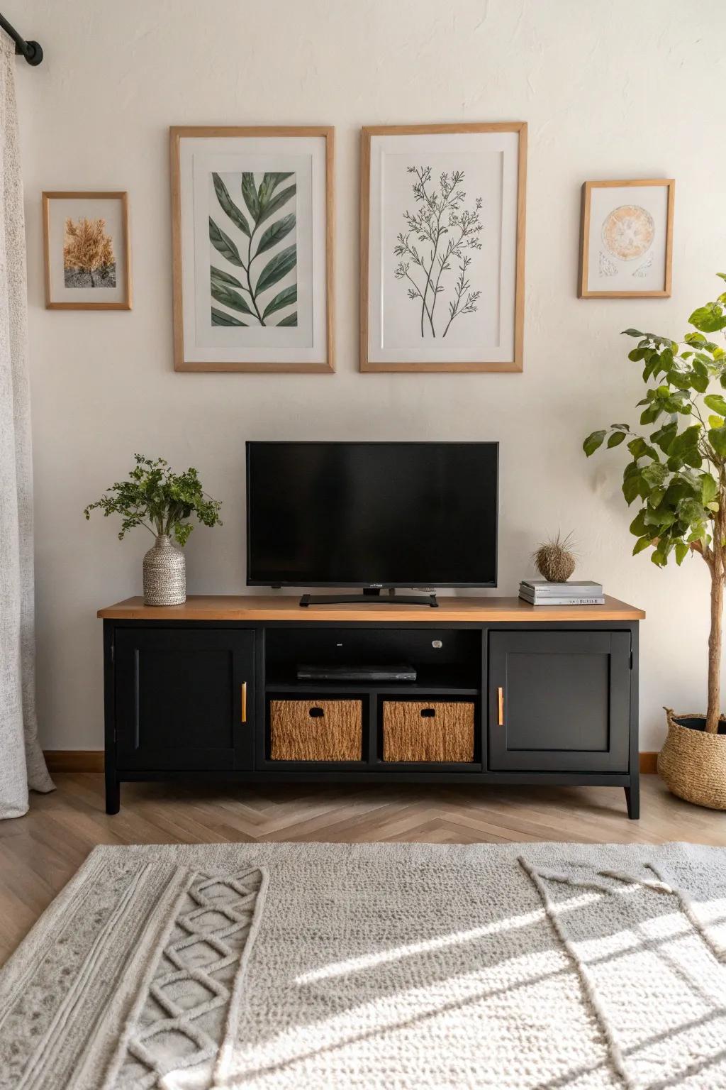 Elevate your TV stand decor with art frames that express your personal style.