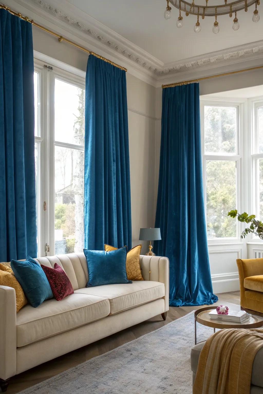 Blue curtains add a graceful touch, enhancing the room's height and light. 🌞 #CurtainInspiration #InteriorDesign
