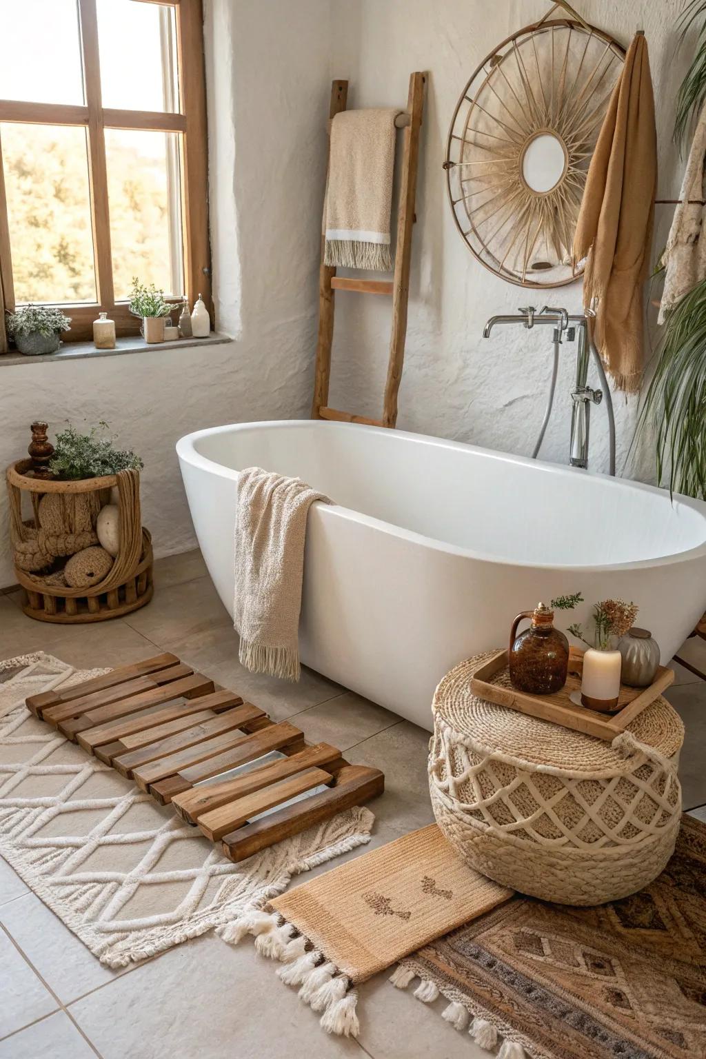 Soak in style with a freestanding tub that promises luxury with a boho twist. 🛁 #BathroomInspo #Relaxation