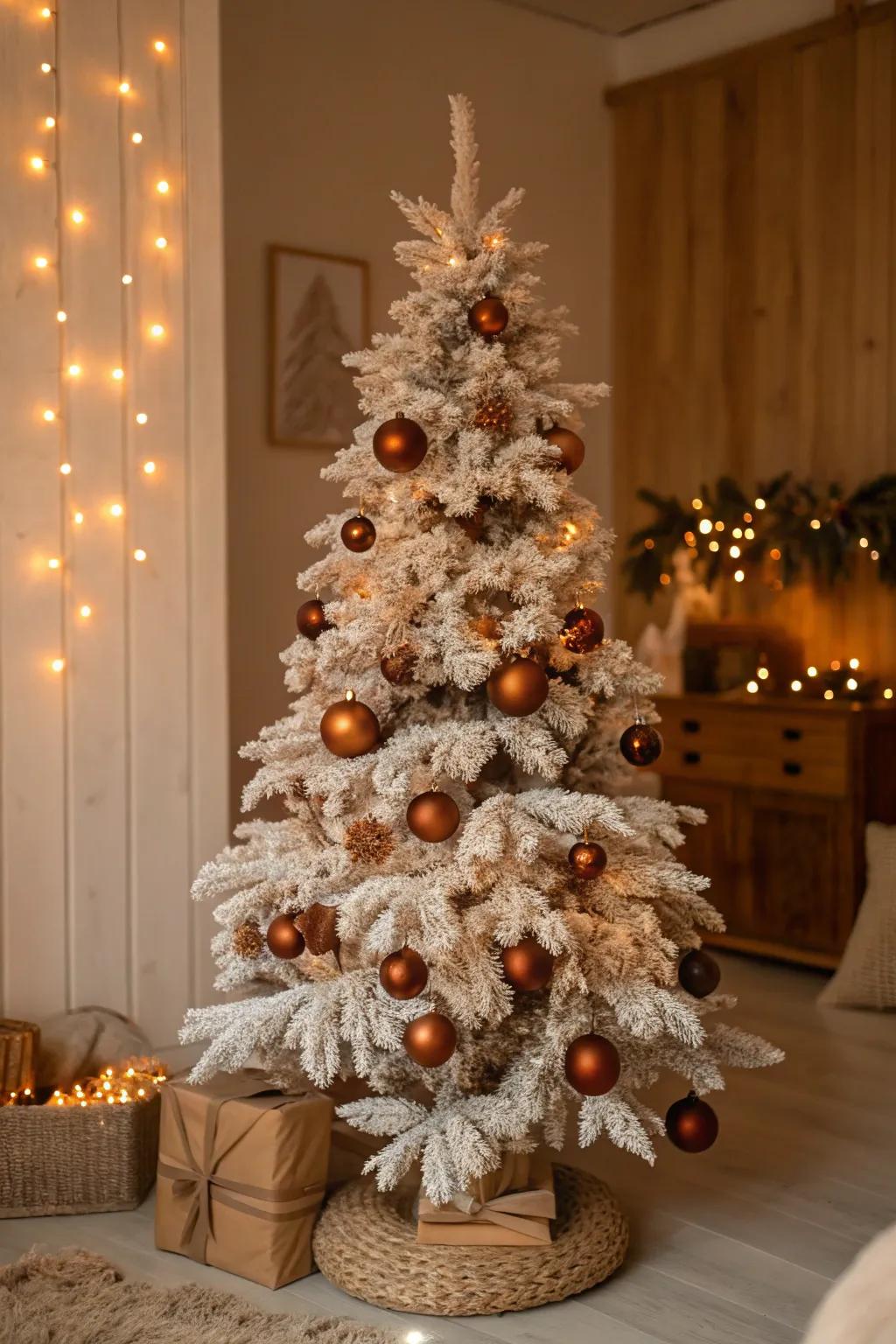 Flocked branches set the stage for a stunning winter wonderland with warm brown accents.