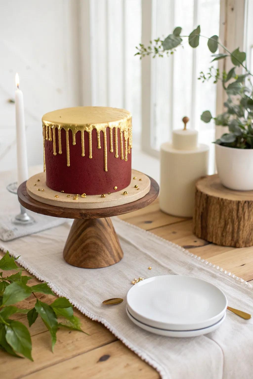 Gold drip on a burgundy cake adds a playful yet glamorous touch, perfect for celebrations! 🎉 #PartyCake #Glamour