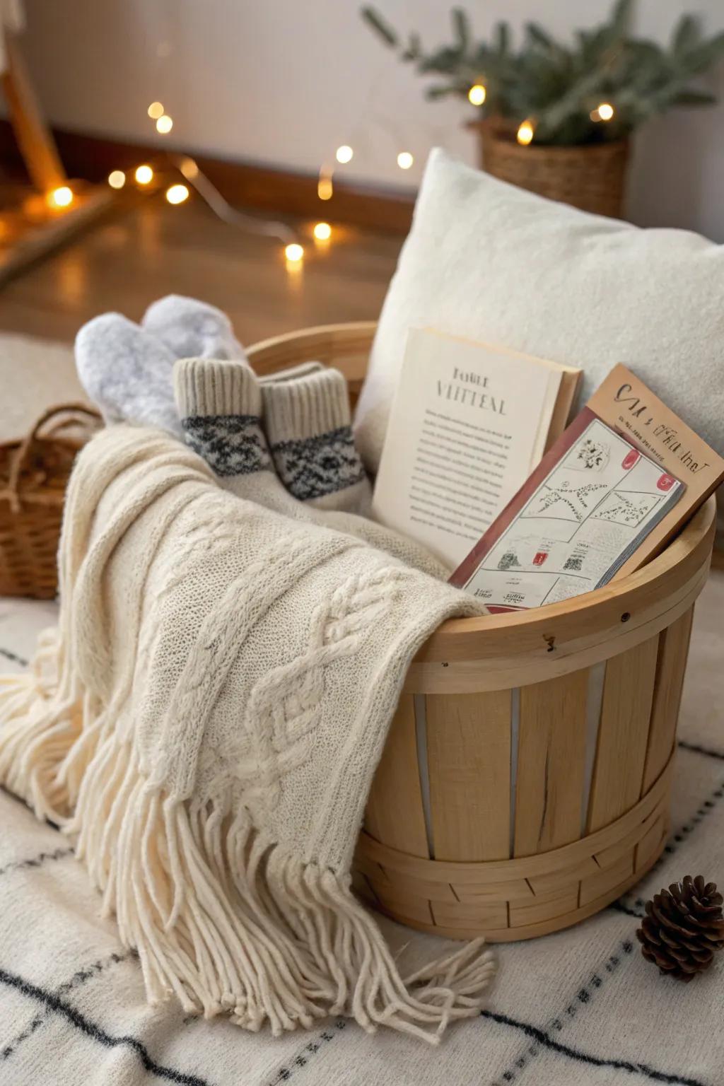 Embrace the chill with a basket of cozy winter warmers, inviting you to snuggle up and relax.