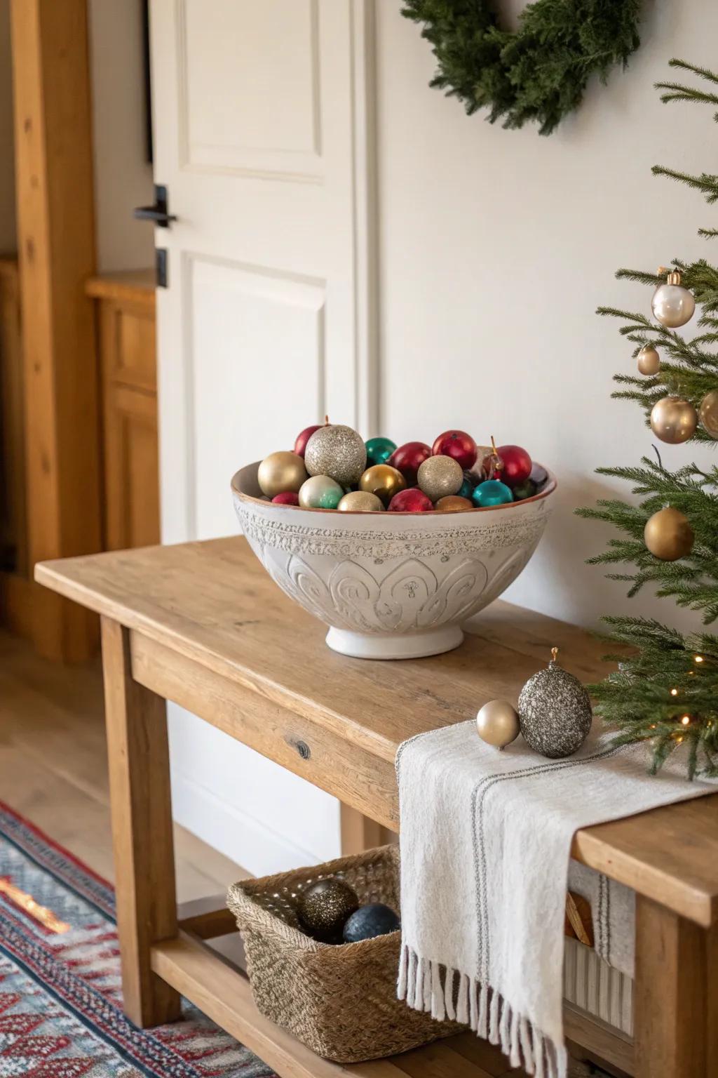 A bowl of ornaments adds colorful, festive charm to your entryway decor.