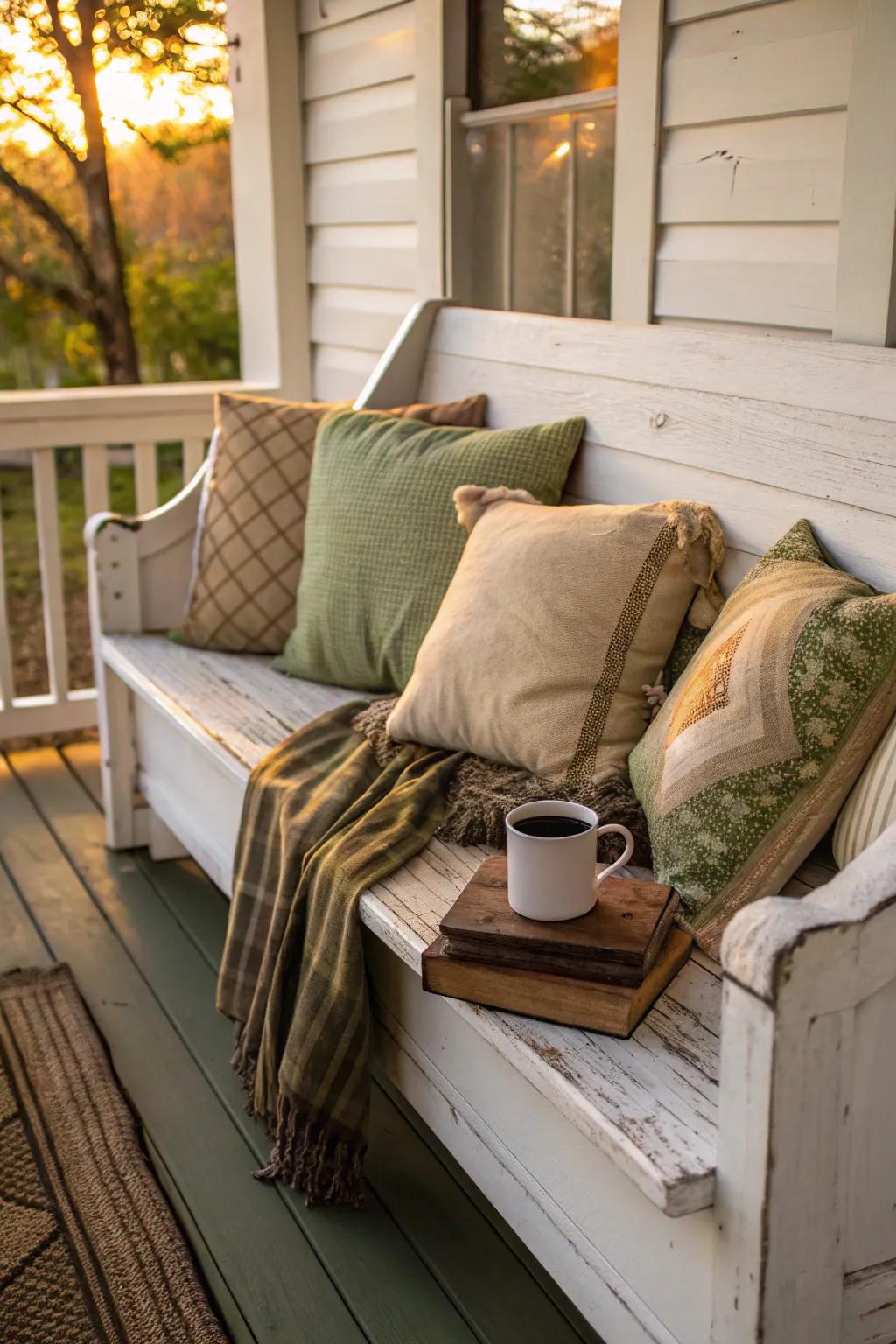 Enjoy the perfect porch setting with a church pew, ideal for relaxation and enjoying the view.