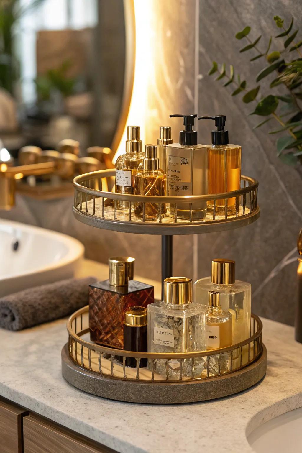 Effortlessly access your favorite scents with a rotating stand that adds style and convenience. #VanityGoals #StylishStorage