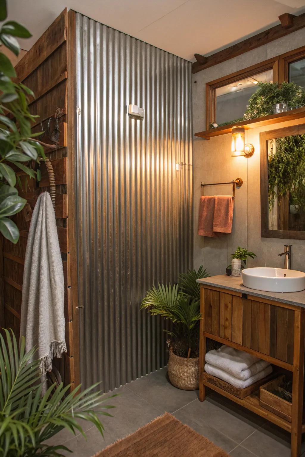 Elevate your bathroom's style with vertical corrugated metal installations.