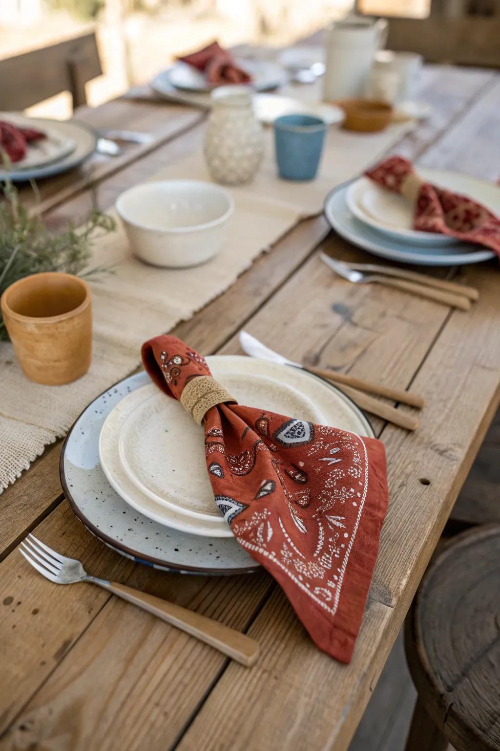 Add a dash of cowboy flair with bandana table settings that are as charming as they are practical.