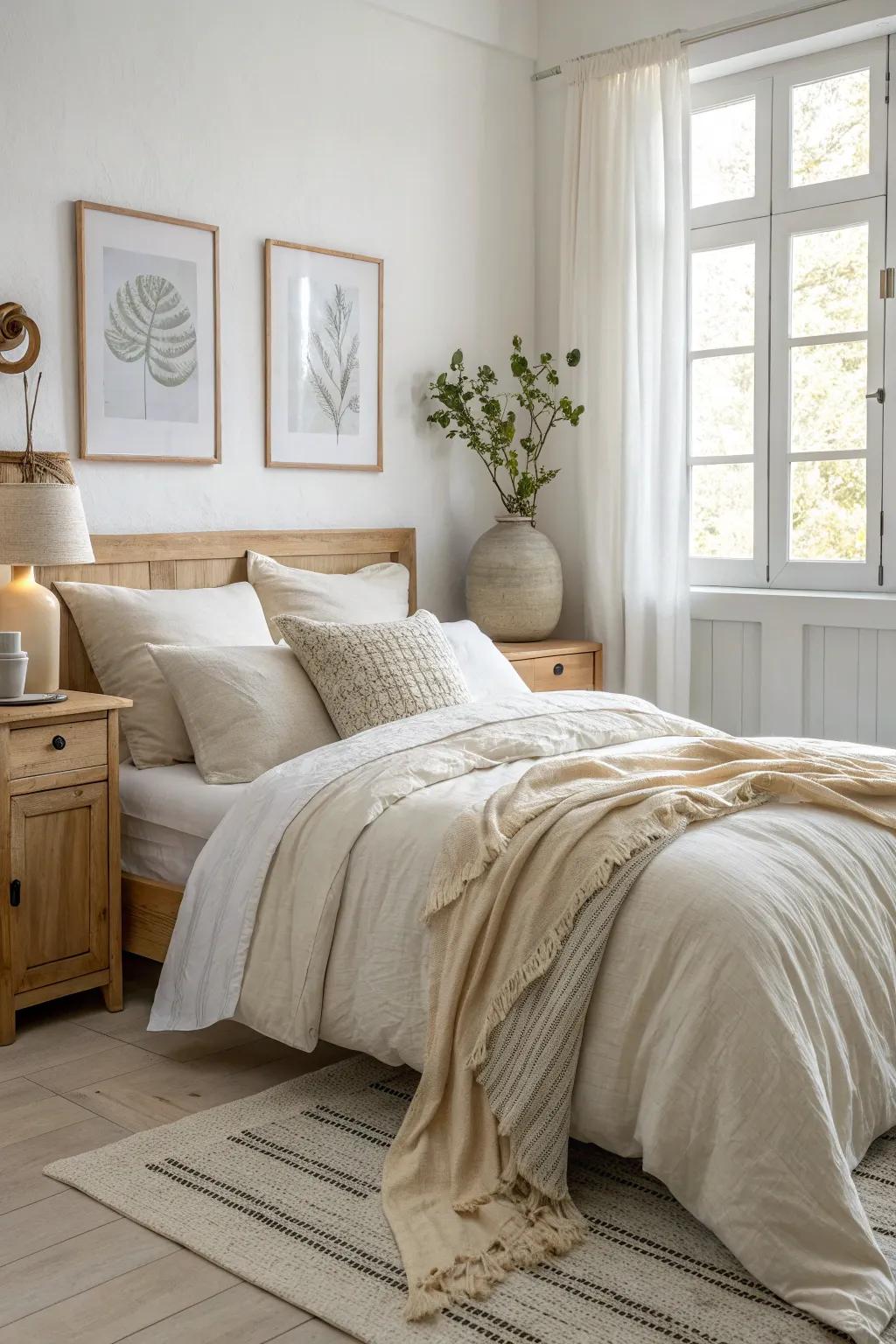 Less is more with minimalist decor that highlights the beauty of cream bedding.