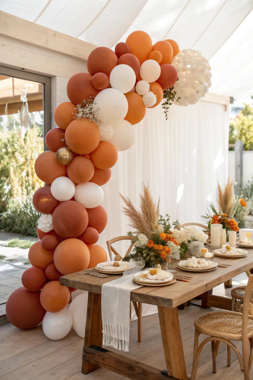 Add a playful touch with balloon arrangements in warm fall tones.