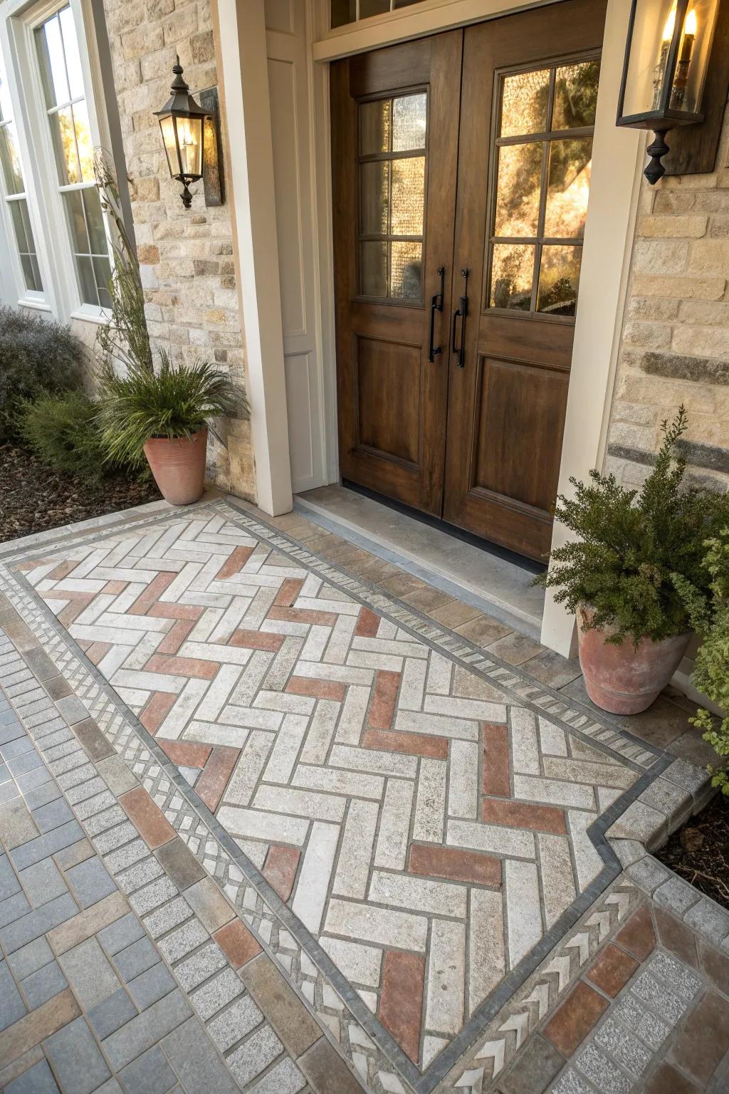 Herringbone patterns add a touch of timeless elegance to your entryway. ✨ #TileDesign #ClassicHome