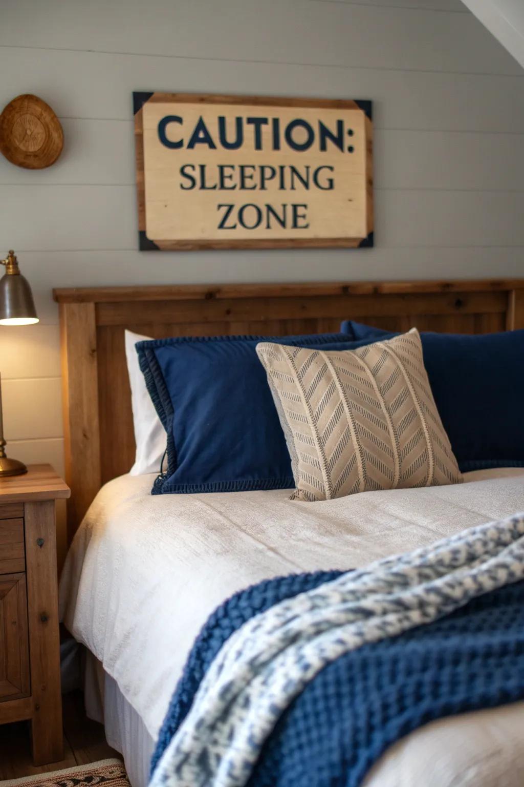 Create a sanctuary of rest and humor with playful signage in your bedroom.