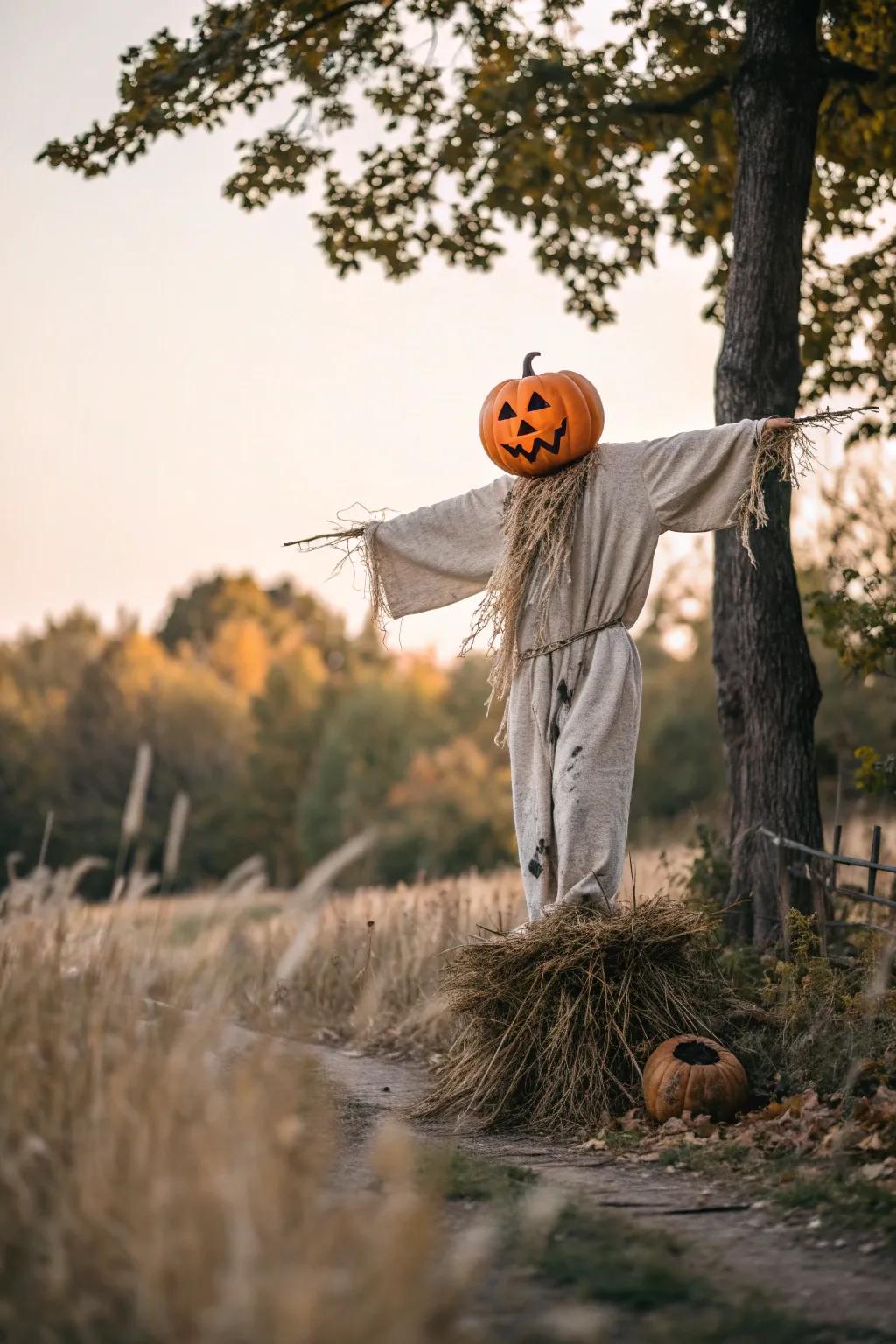 Add a playful twist to your decor with a Halloween-themed scarecrow.