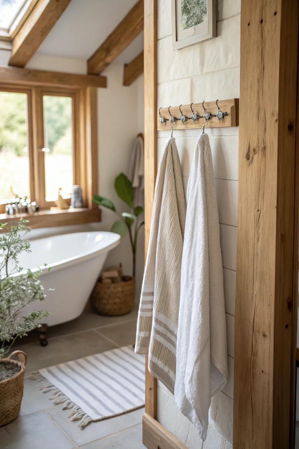 Add rustic charm with decorative peg rails for your towels.