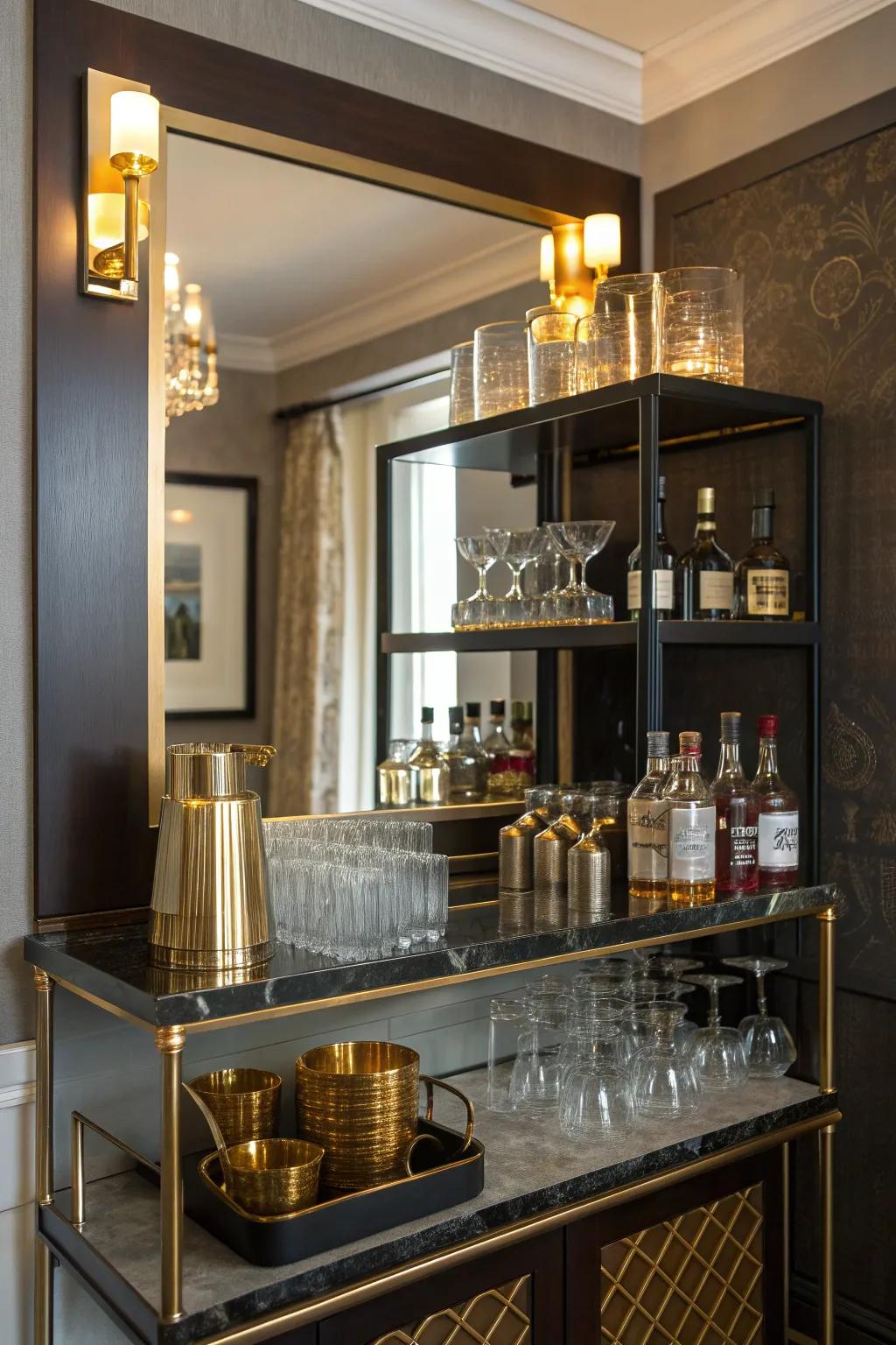 Showcase your barware like never before with mirrored shelves that amplify their elegance.
