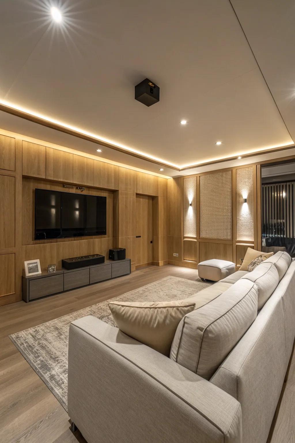 Sleek recessed lighting offers a clean look for your home theater. #ModernDesign #LightingSolutions #HomeCinema