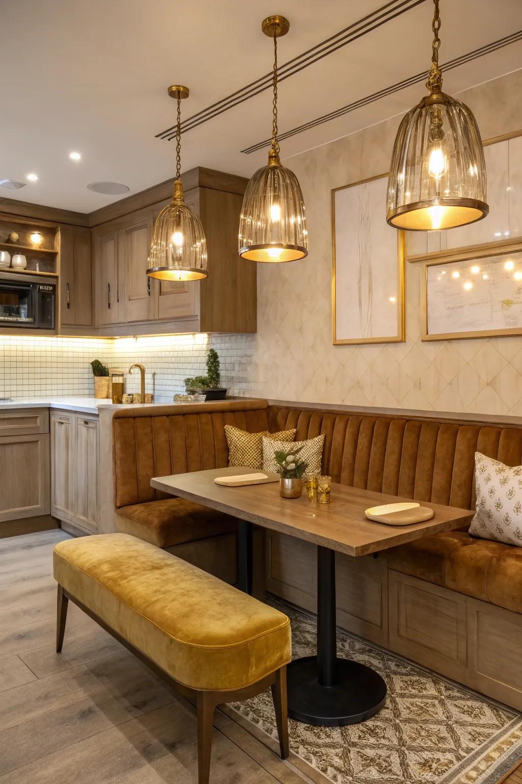 Illuminate your booth with stylish pendant lights for a warm, inviting glow.