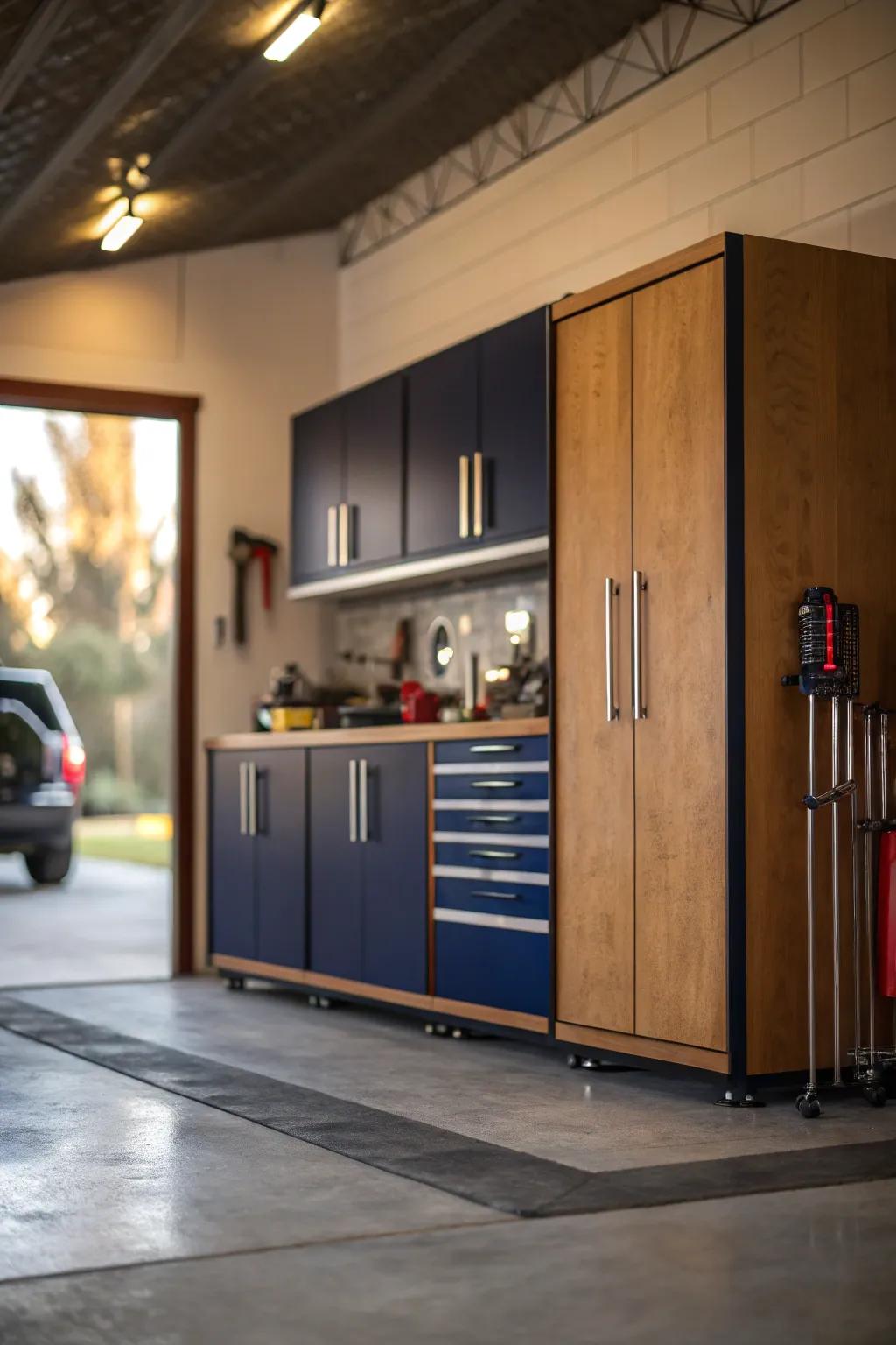 Select cabinets with robust finishes for a long-lasting garage setup. 💪🏽 #DurableDesign #GarageSolutions