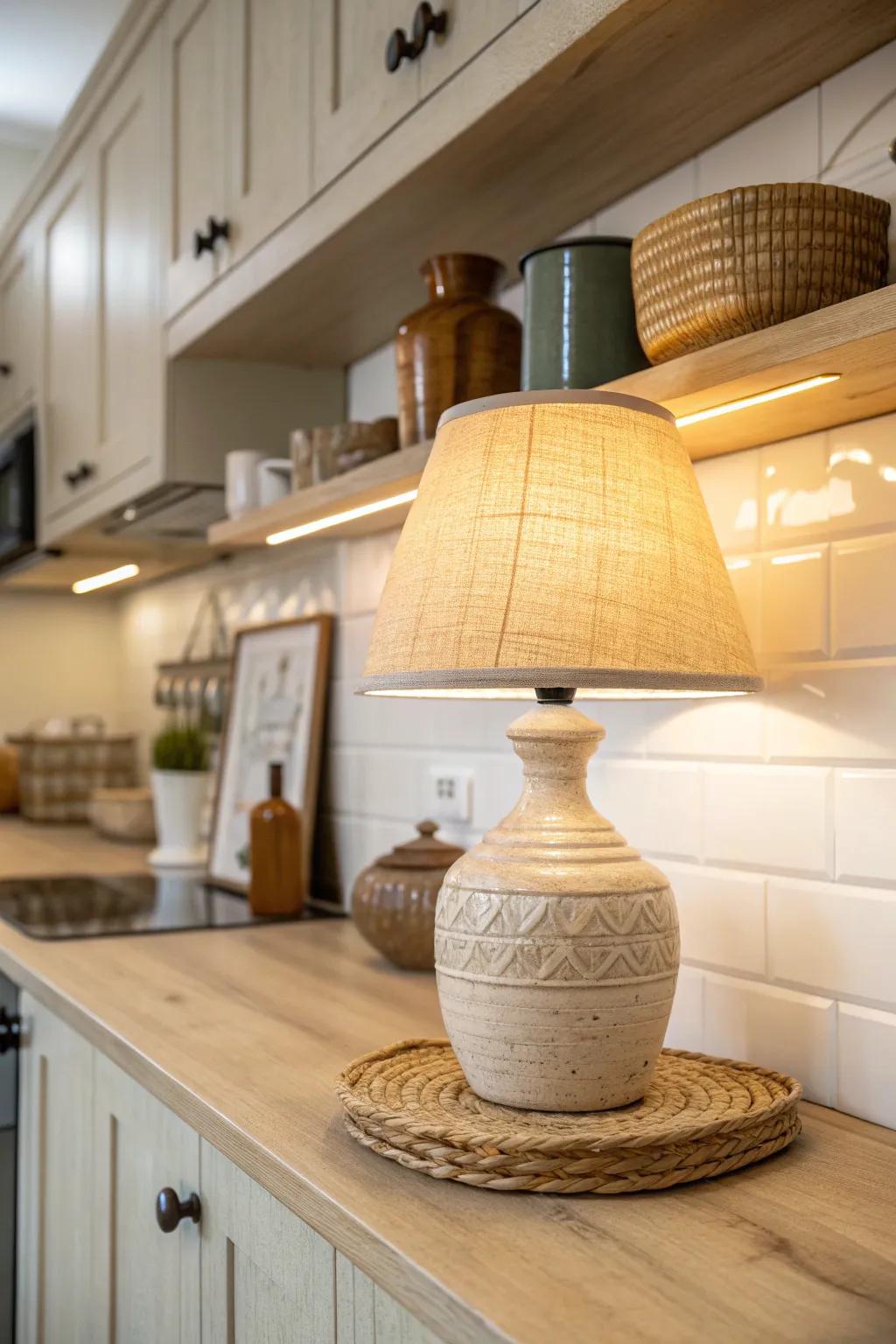 Utilize vertical space with a lamp under shelves for a layered kitchen look.